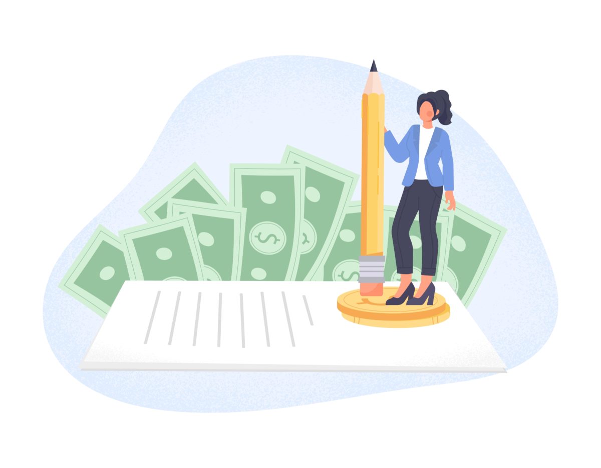 An animated image of a woman holding a pencil and standing on a financial document with dollar bills in the background