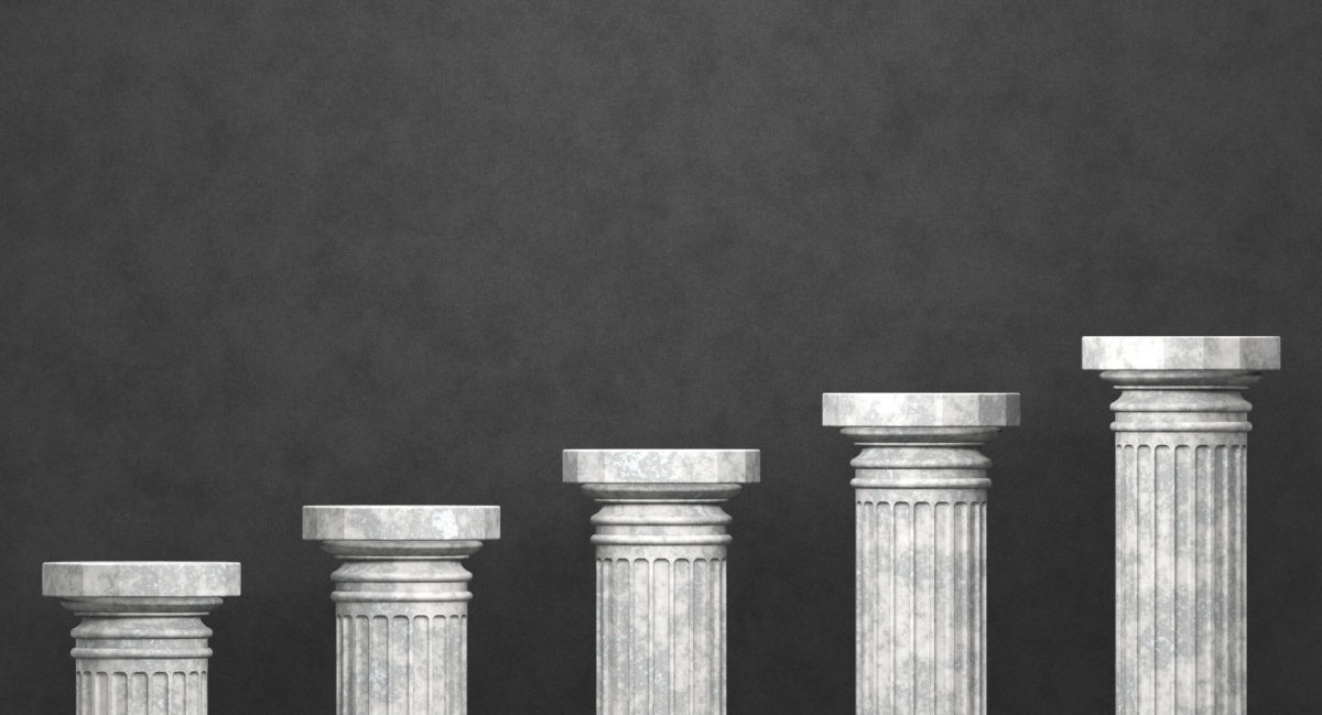 An image of five pillars, rising successively in height on a gray background