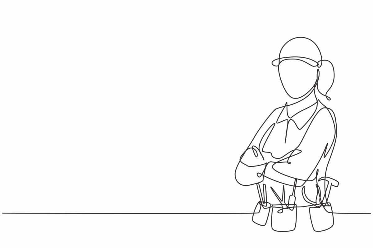A graphic outline of a woman wearing a hardhat and wearing a toolbelt