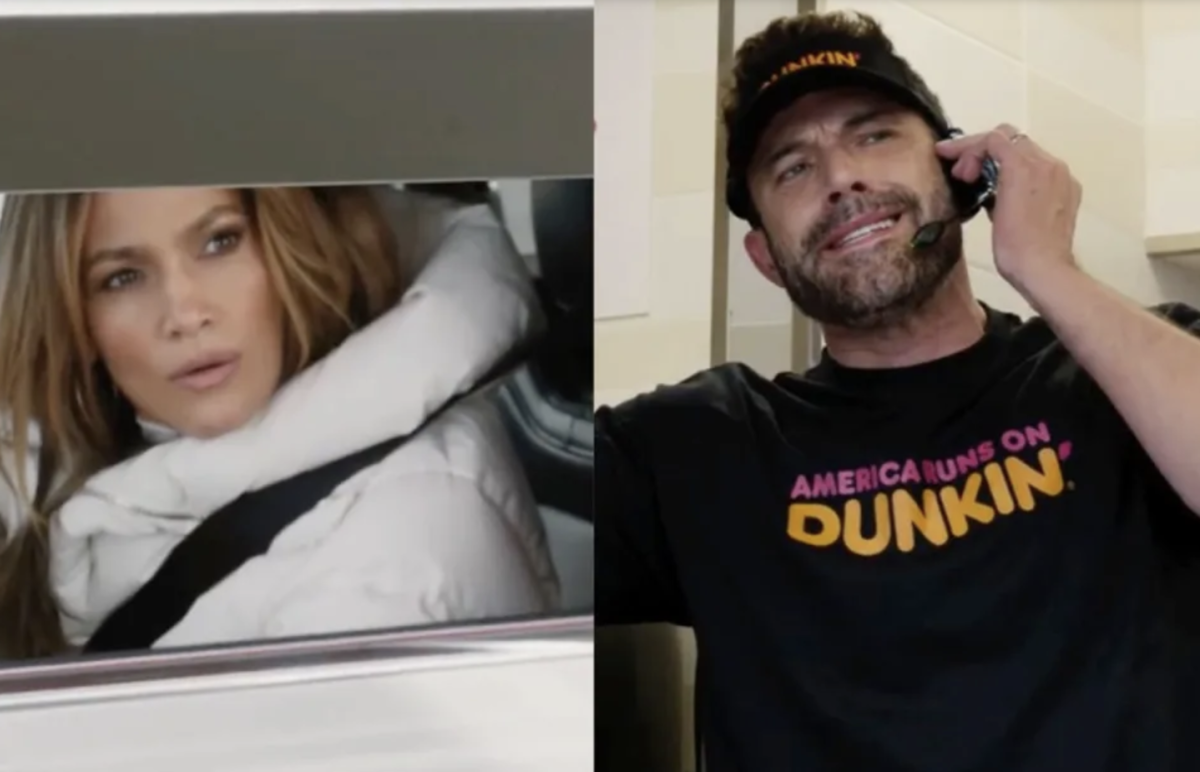 Ben Affleck and Jennifer Lopez, placed side-by-side in a Dunkin' Donuts commercial for the 2023 Super Bowl
