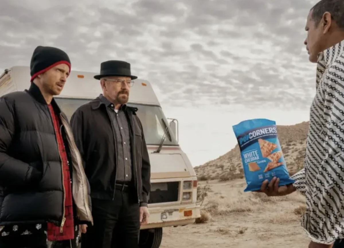 Bryan Cranston and Aaron Paul reprise their Breaking Bad roles in the PopCorners 2023 Super Bowl commercial