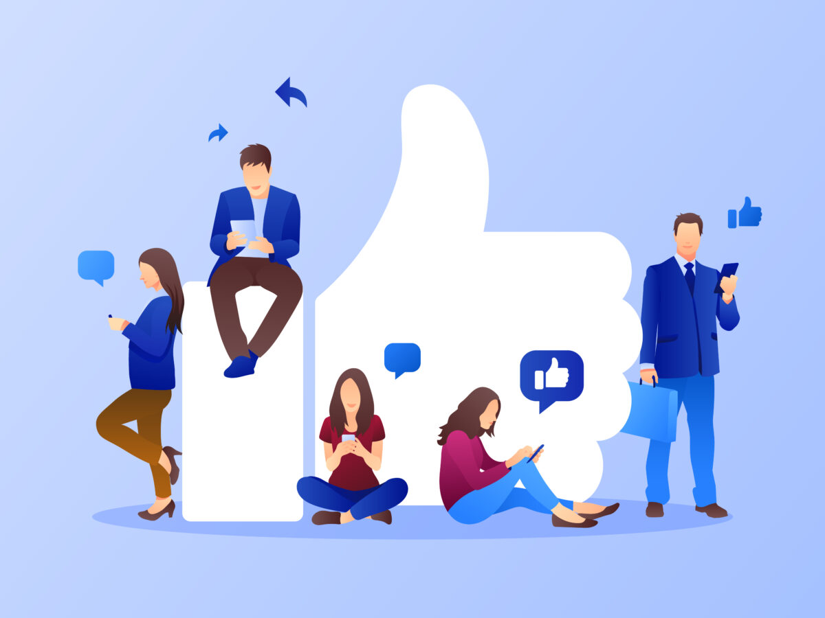 A vector illustration of multiple people sitting on and around a thumbs-up "like" icon. Chat boxes and social media icons hang around their heads.