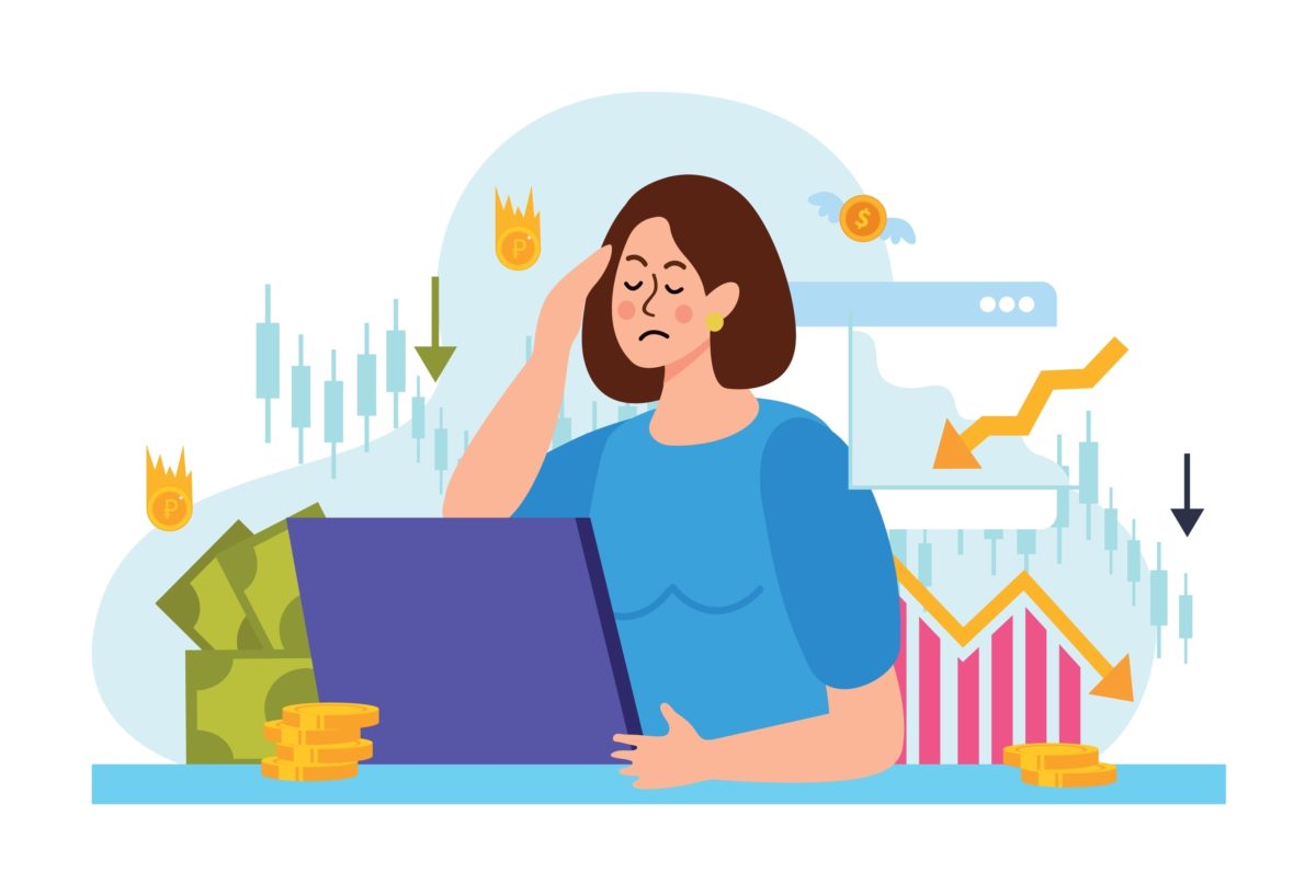 A graphic depiction of a woman sitting at a laptop. Next to her are dollar bills and coins. In the background are variations charts and depiction of an economic downturn.